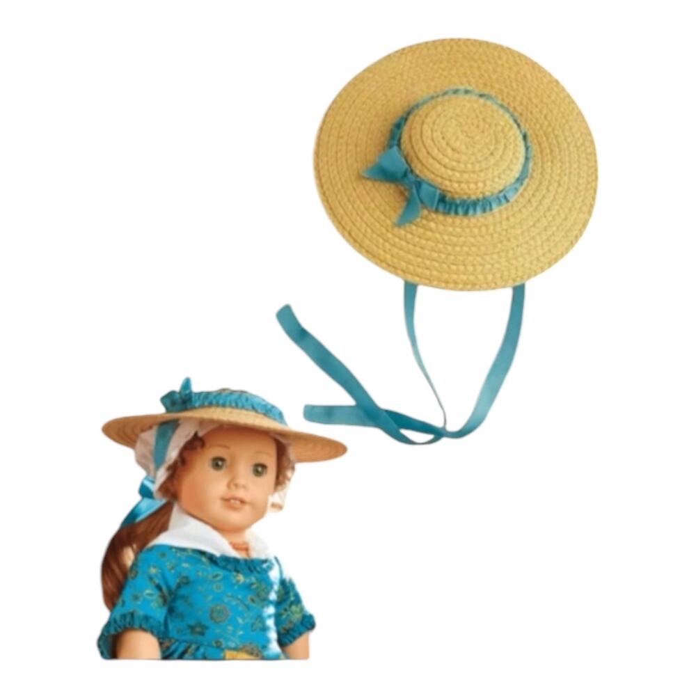 American Girl Felicity Meet Hat Accessory Straw Doll Bonnet Blue Ribbon Ties New